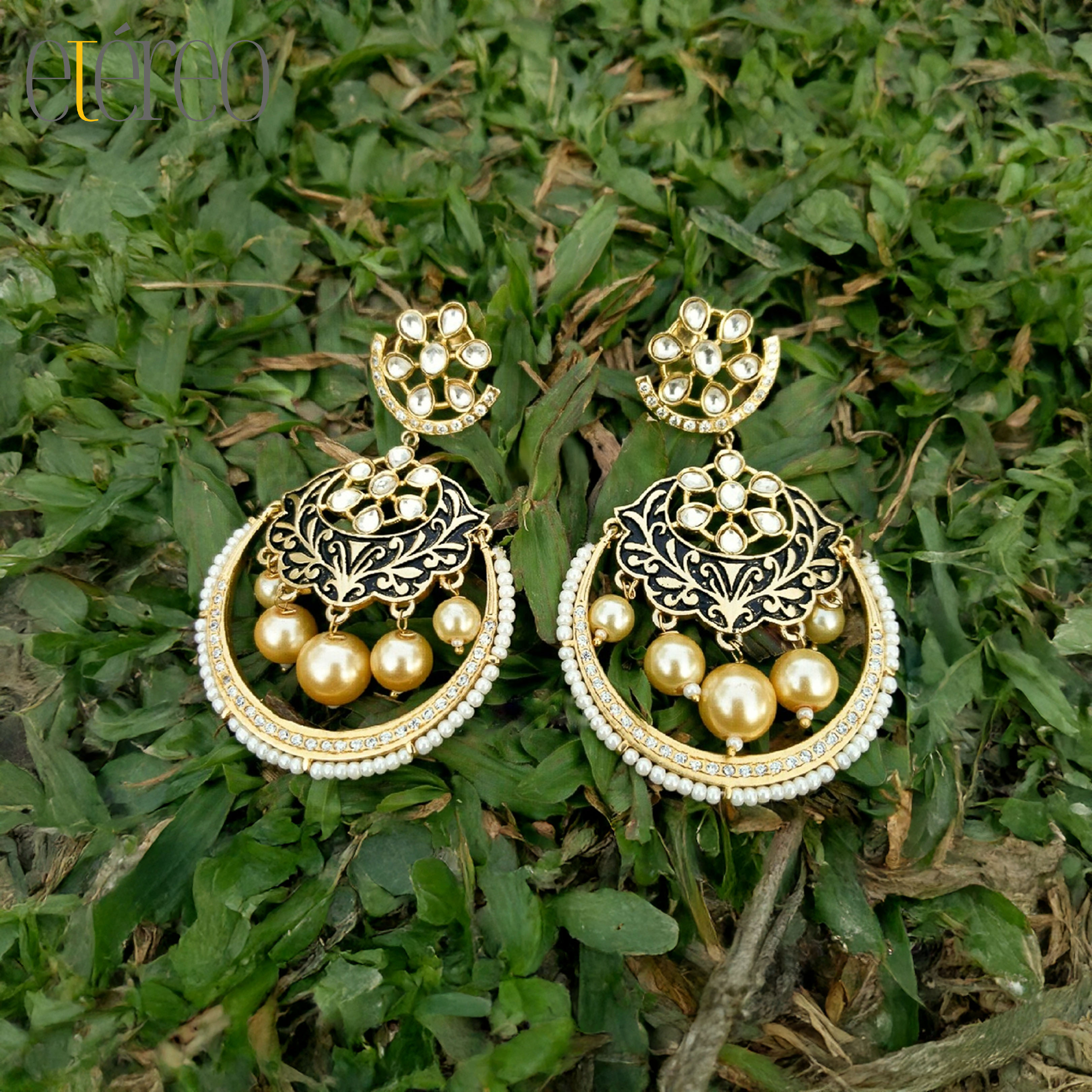 ER1001-Golden Chaandbaali with pearl drops
