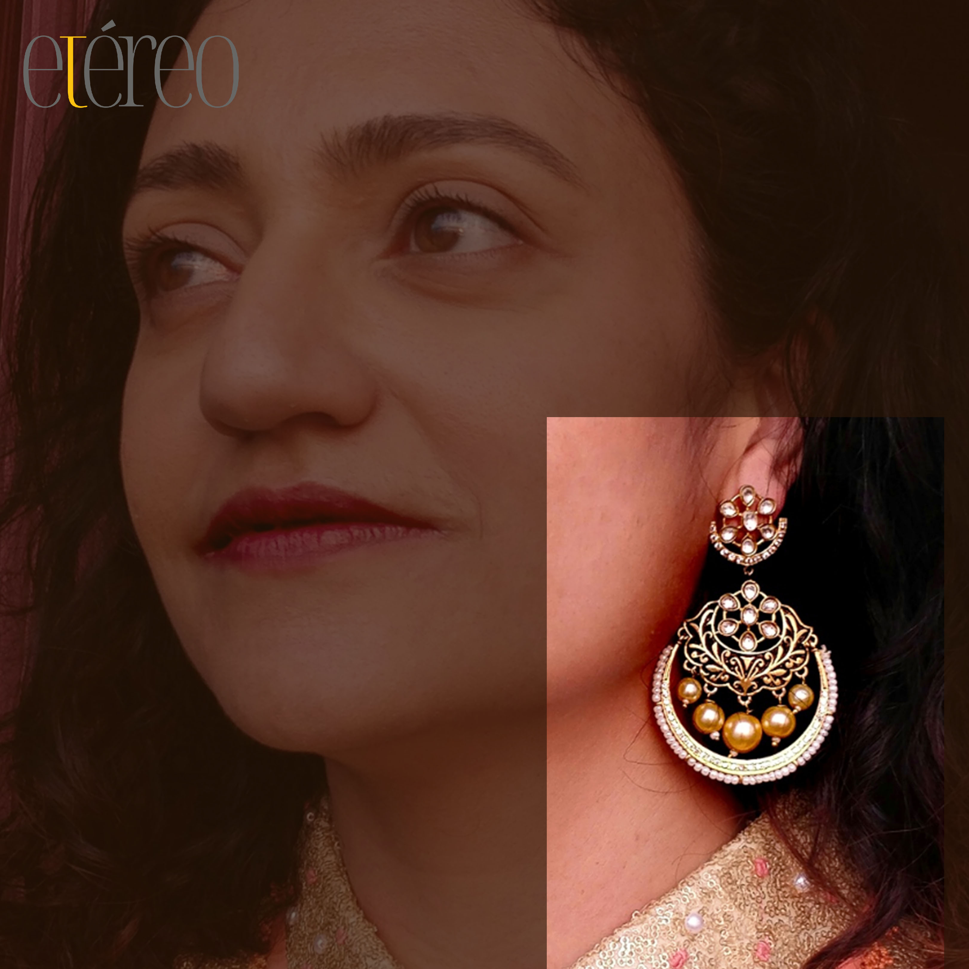 ER1001-Golden Chaandbaali with pearl drops