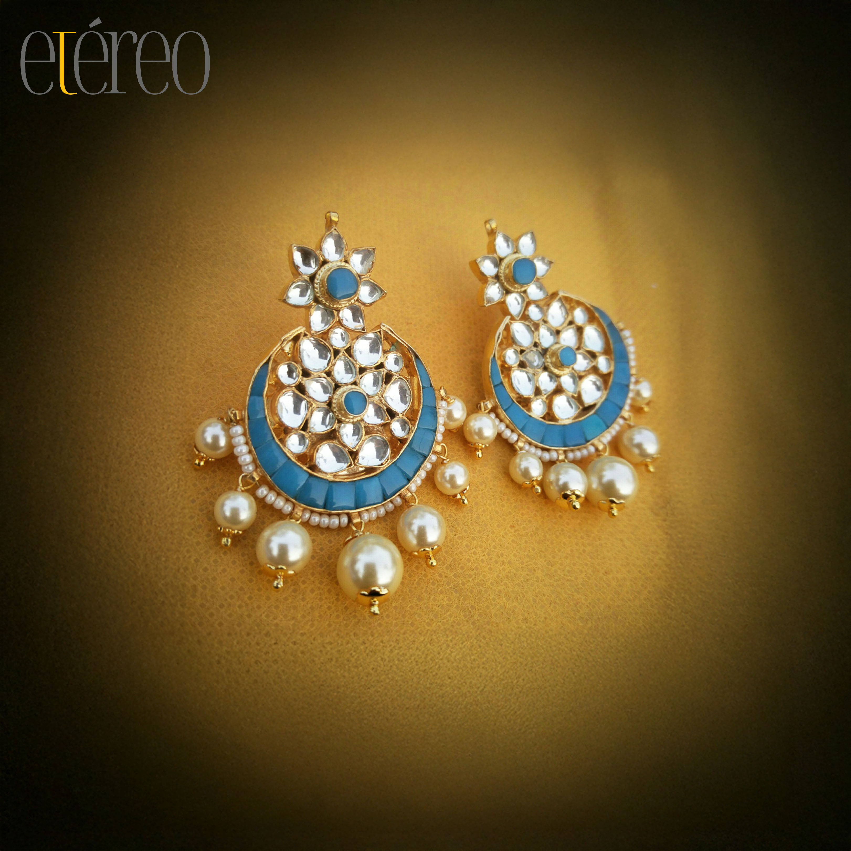 ER1007-Kundan with Blue Stone Chaandbaali with pearl drops