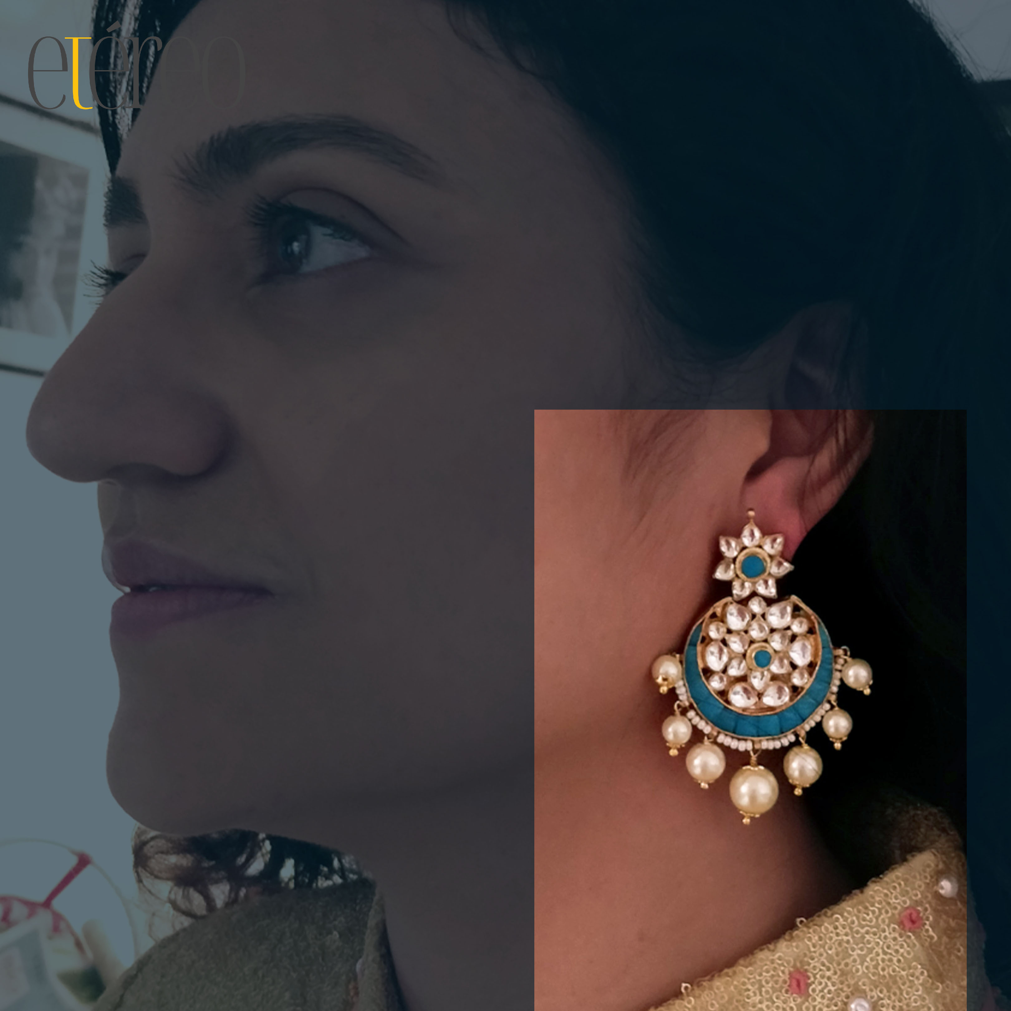 ER1007-Kundan with Blue Stone Chaandbaali with pearl drops