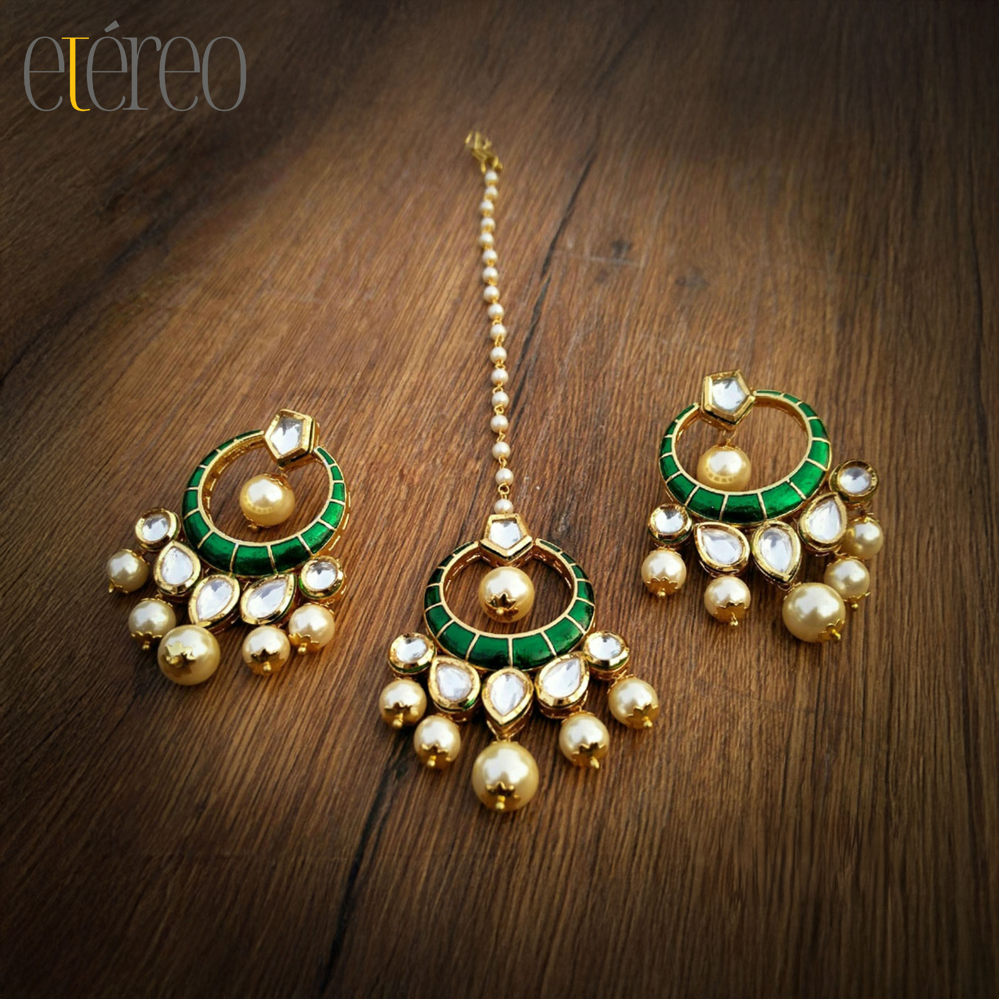 ER1009-Green Meenakari with kundan Chaandbaali