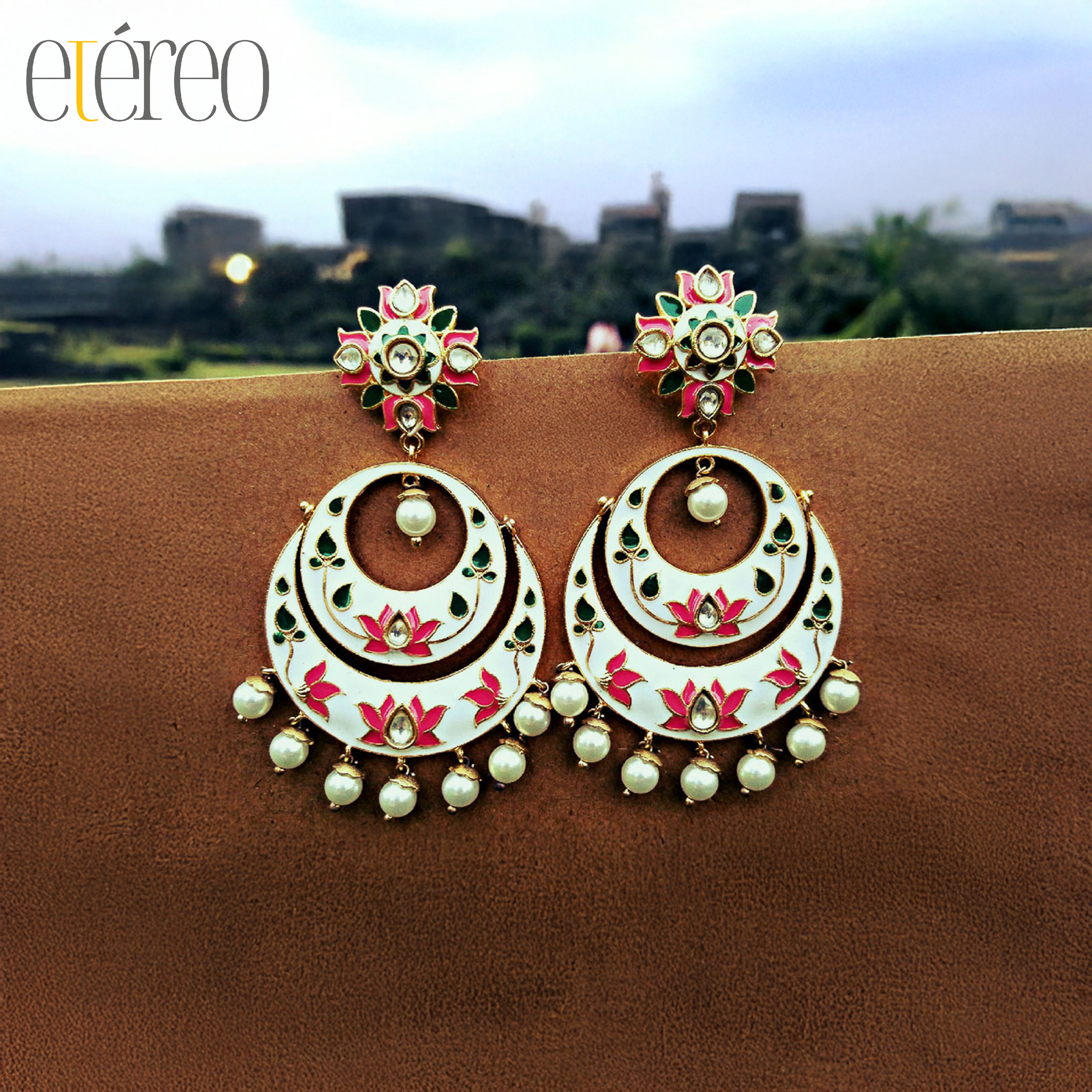 ER1012-Lotus and white Meenakari Chaandbaali