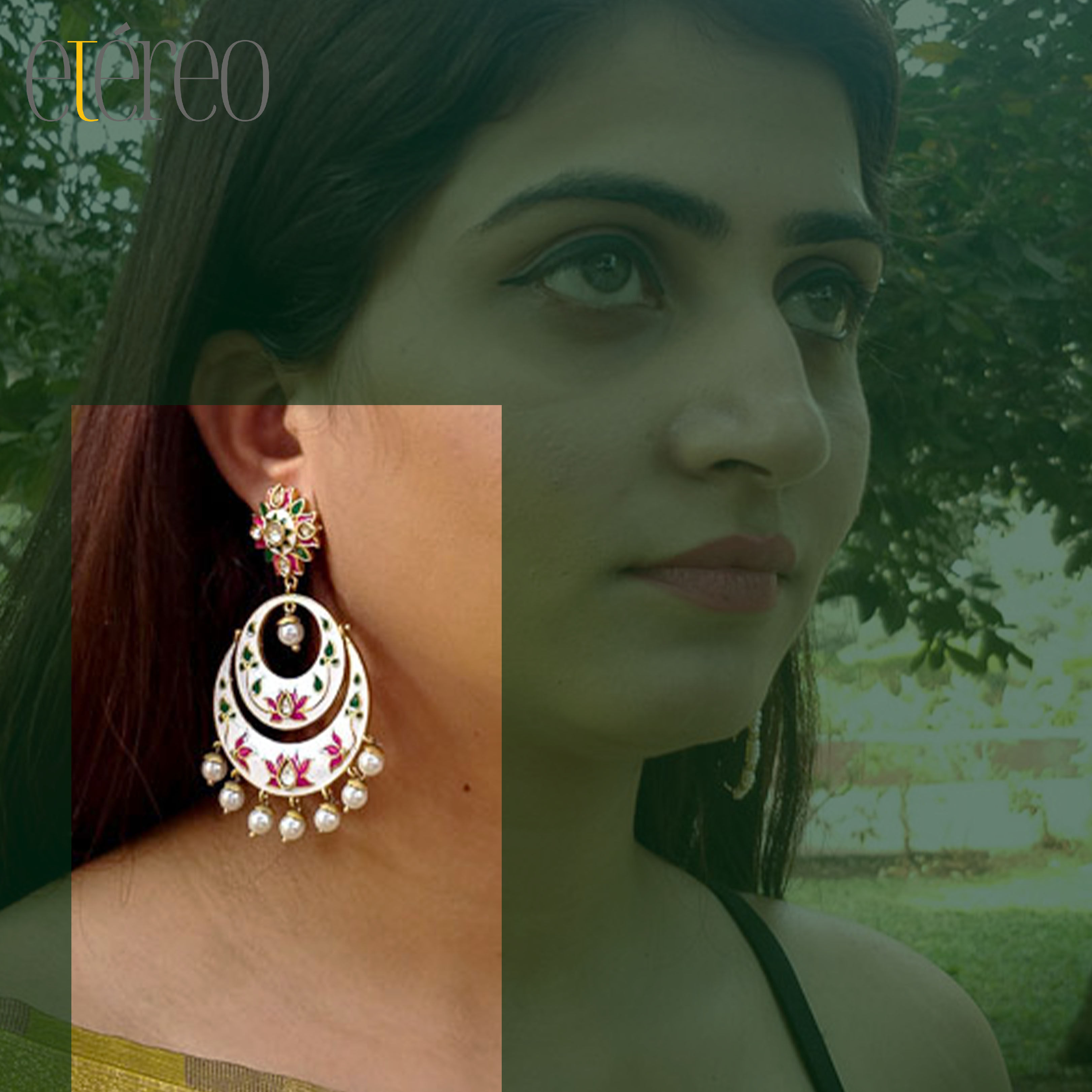 ER1012-Lotus and white Meenakari Chaandbaali