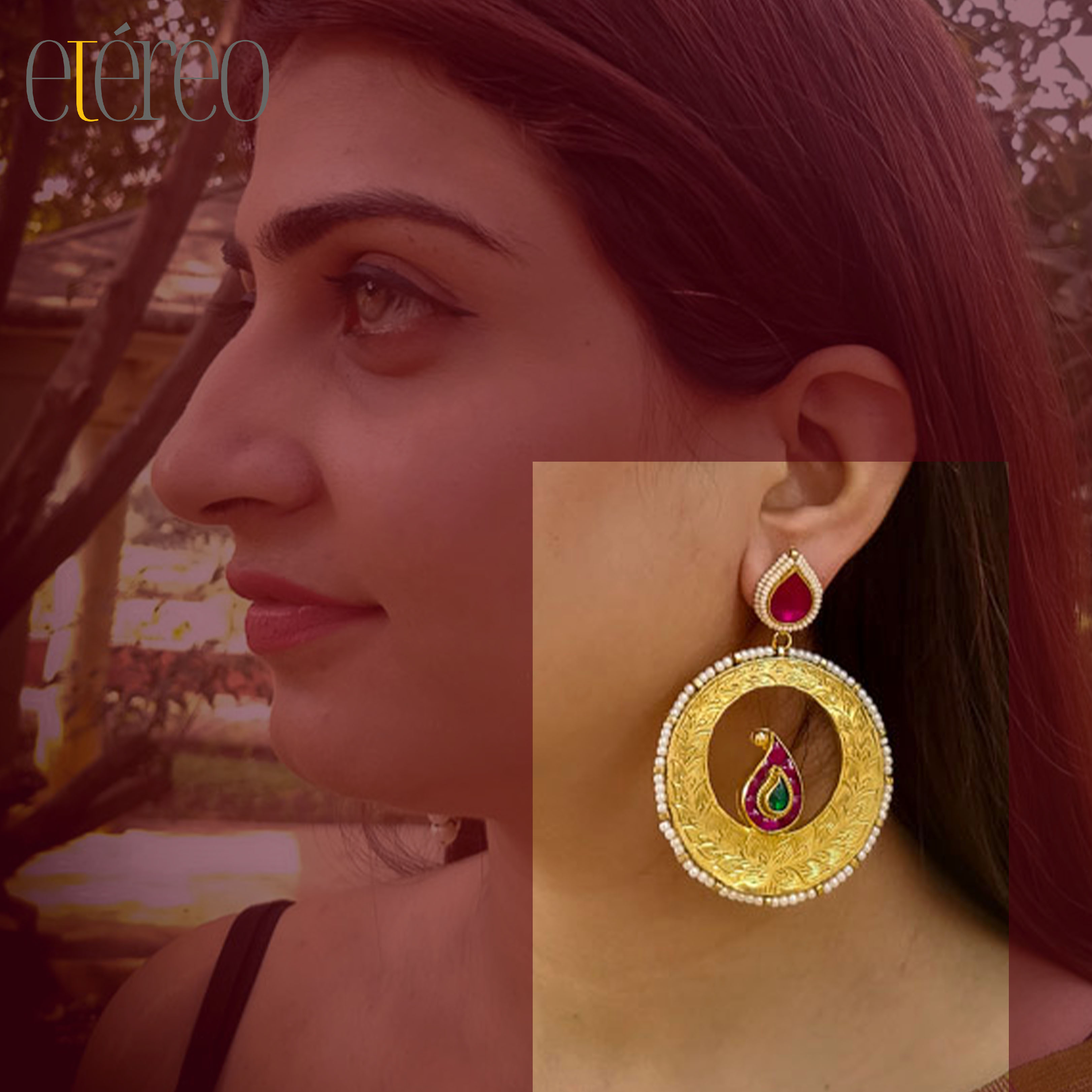 ER1013-Gold engraving with red n green stones Chaandbaali