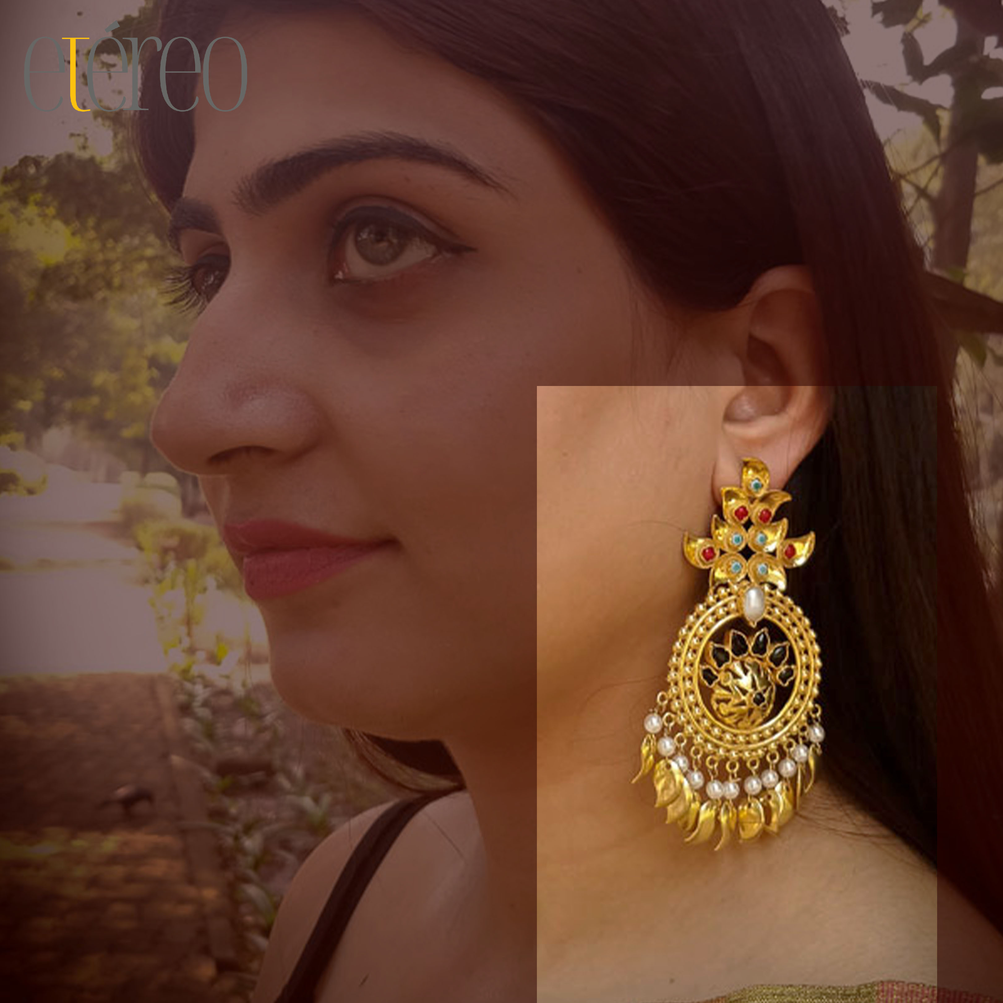 ER1015-Golden and Stone with Golden Leaf Chaandbaali