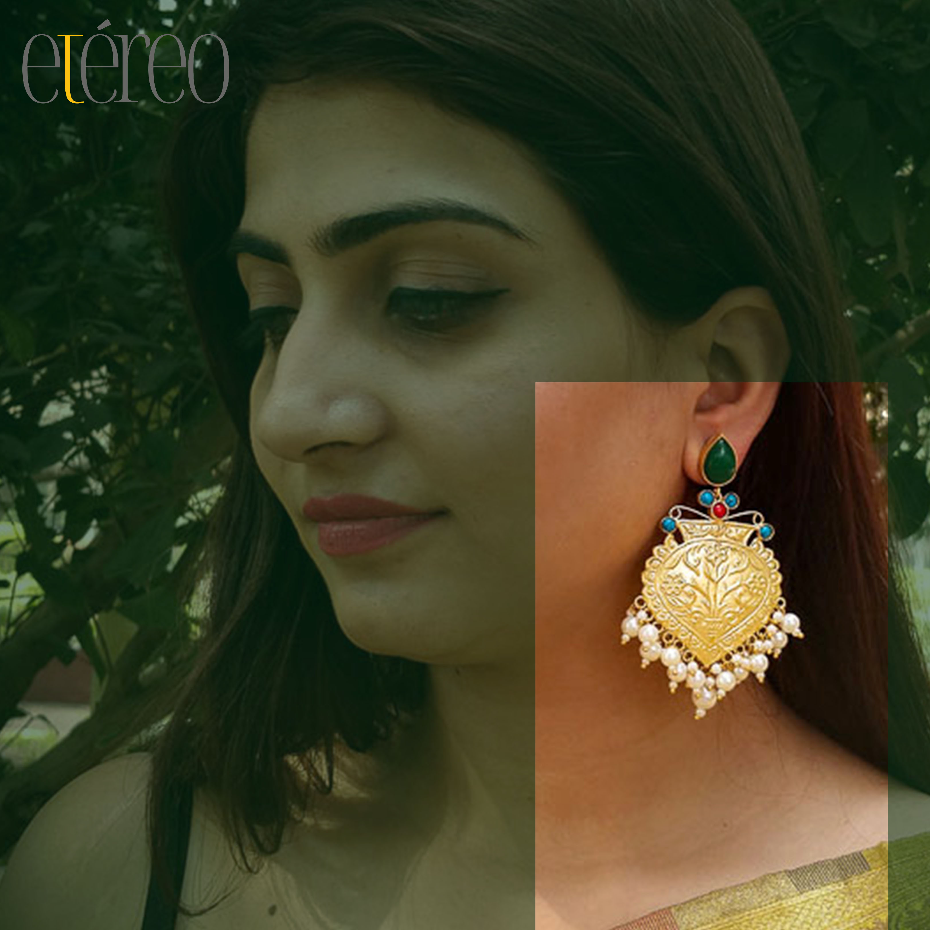 ER1016-Intricate golden carving with stones and pearls Chaandbaali