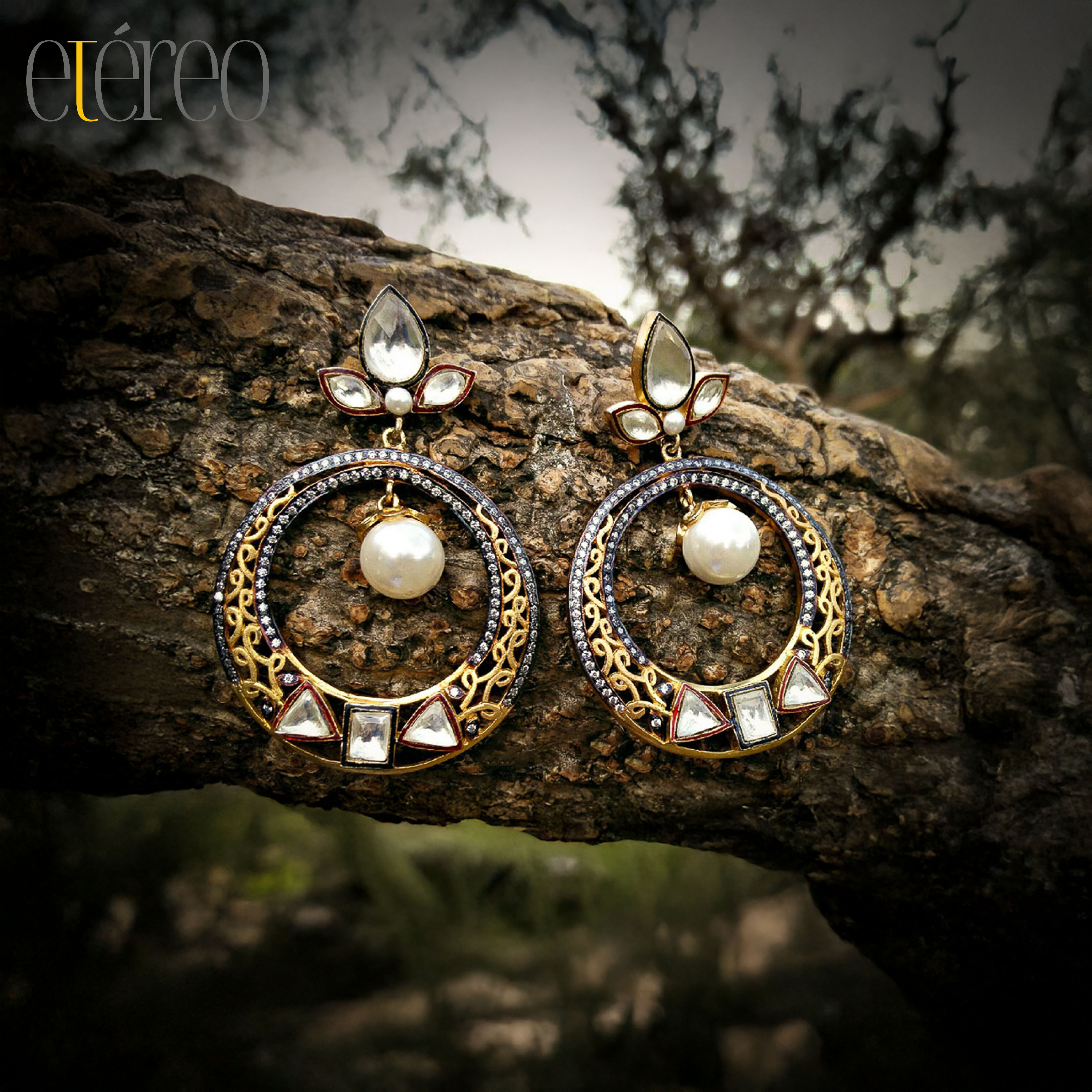 ER1017-Golden filigree with diamond and kundan Chaandbaali