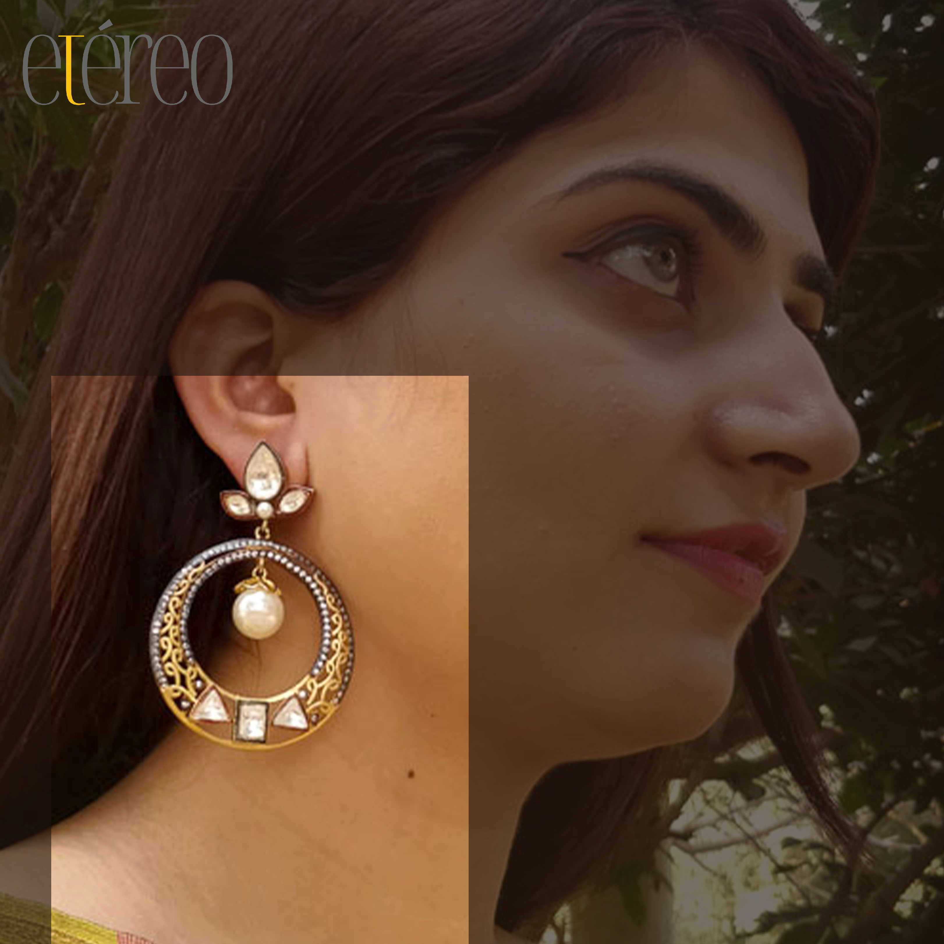 ER1017-Golden filigree with diamond and kundan Chaandbaali