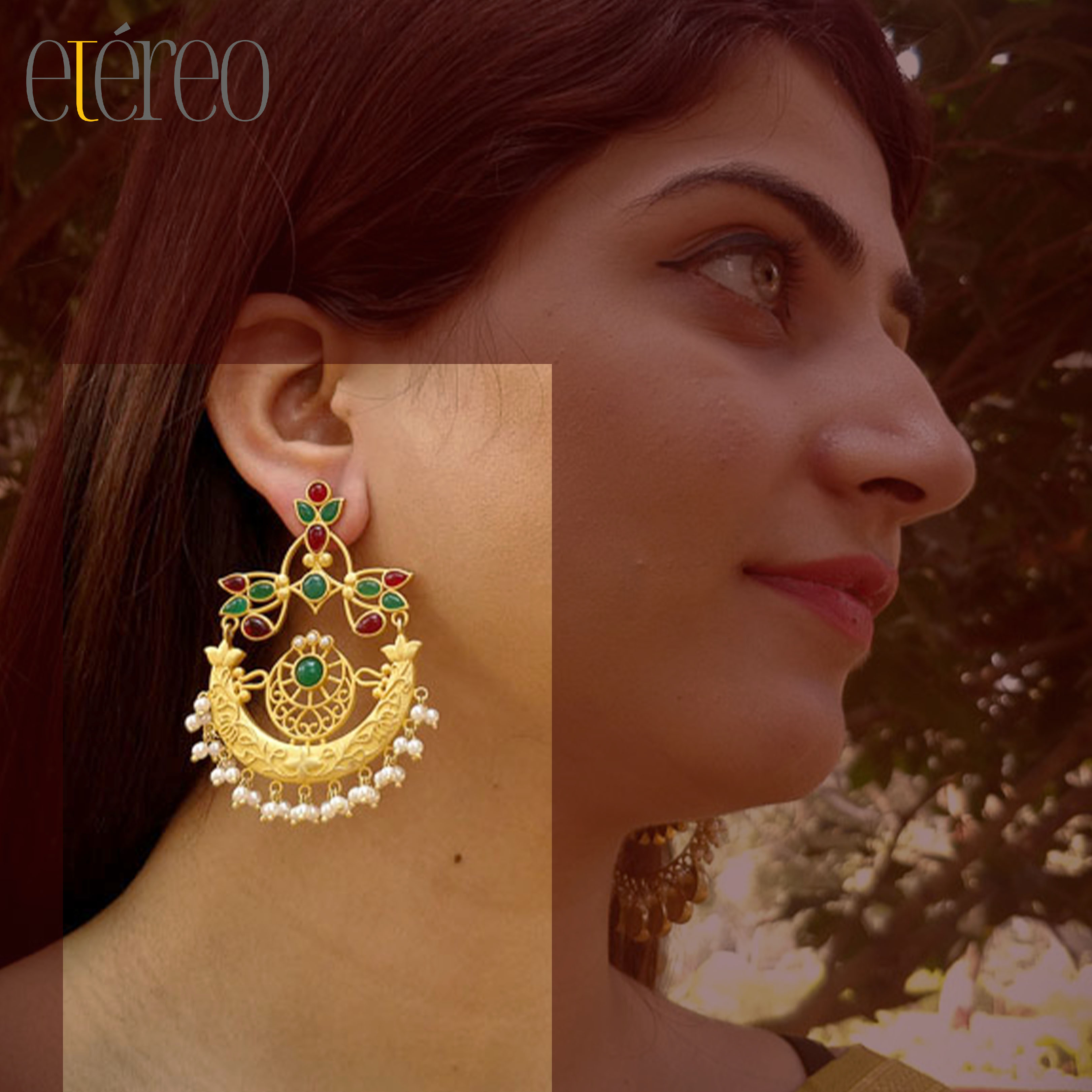 ER1018-Golden filigree with stones n cluster of pearls Chaandbaali