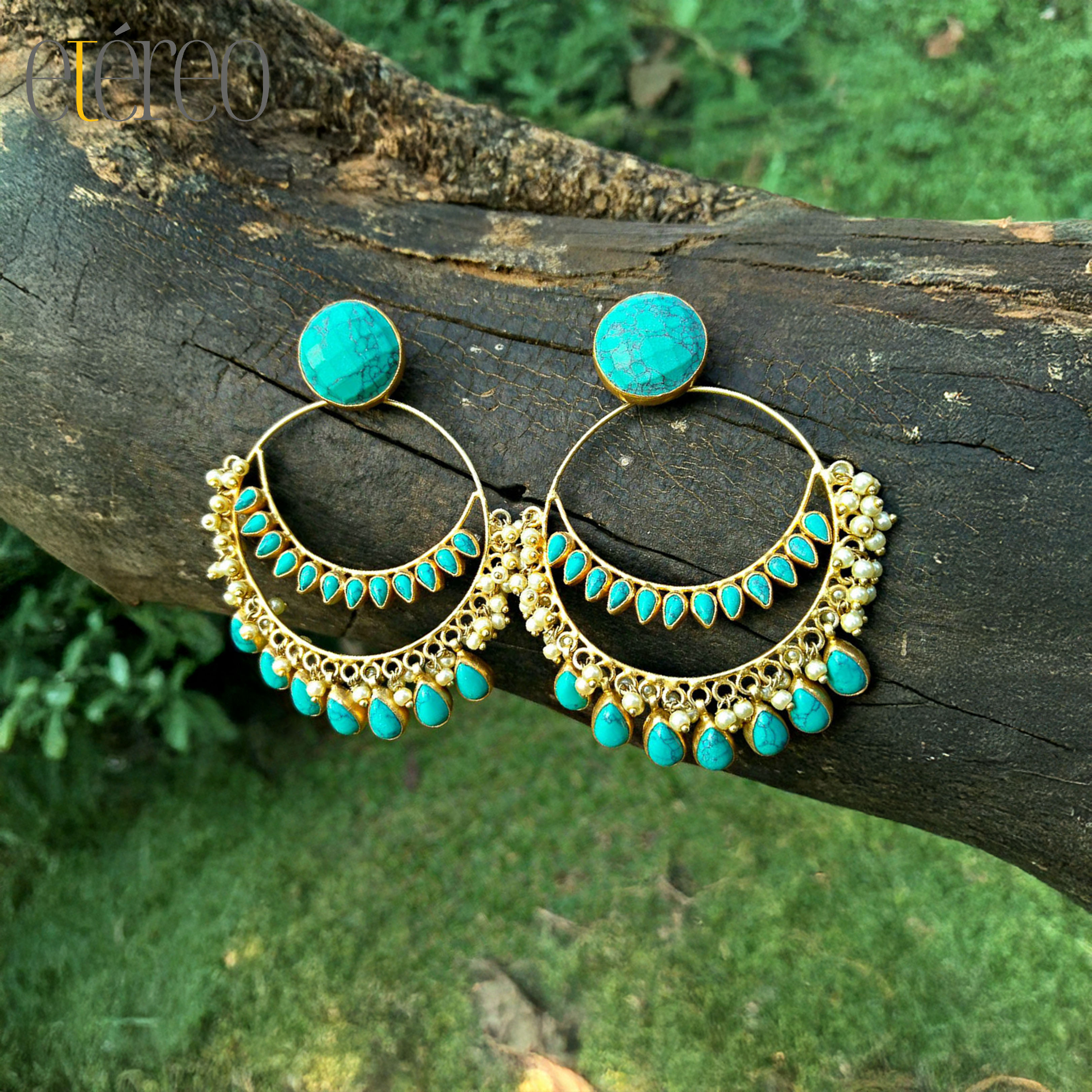 ER1019-Green stones and pearls in hoop like Chaandbaali