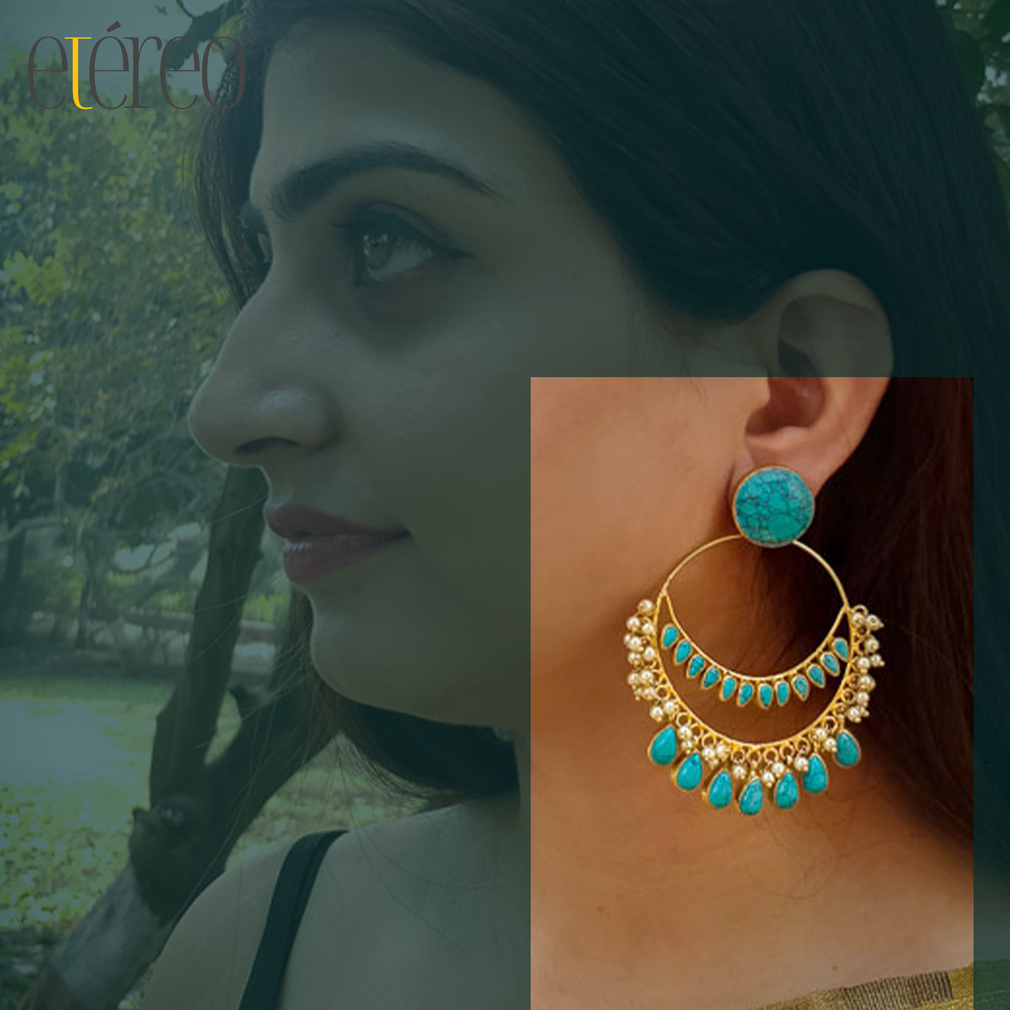 ER1019-Green stones and pearls in hoop like Chaandbaali