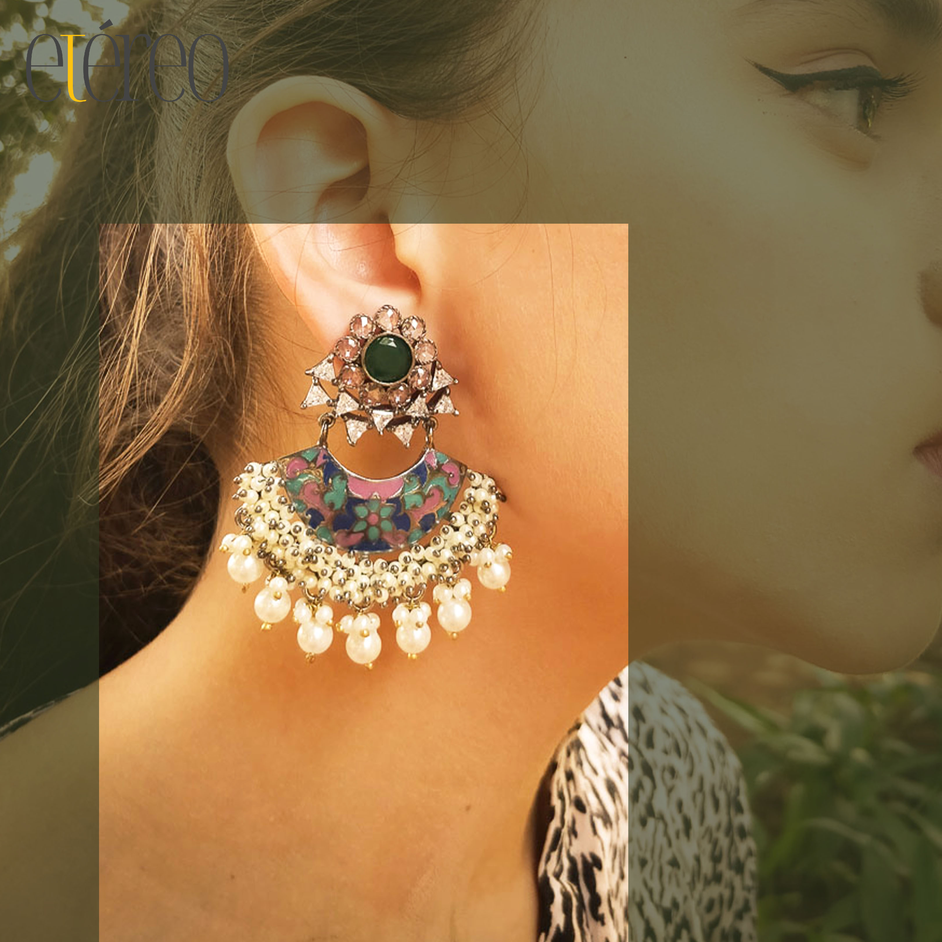 ER11DE114-Flower in green gemstone n zircons with meenakaari adorned with cluster of pearls