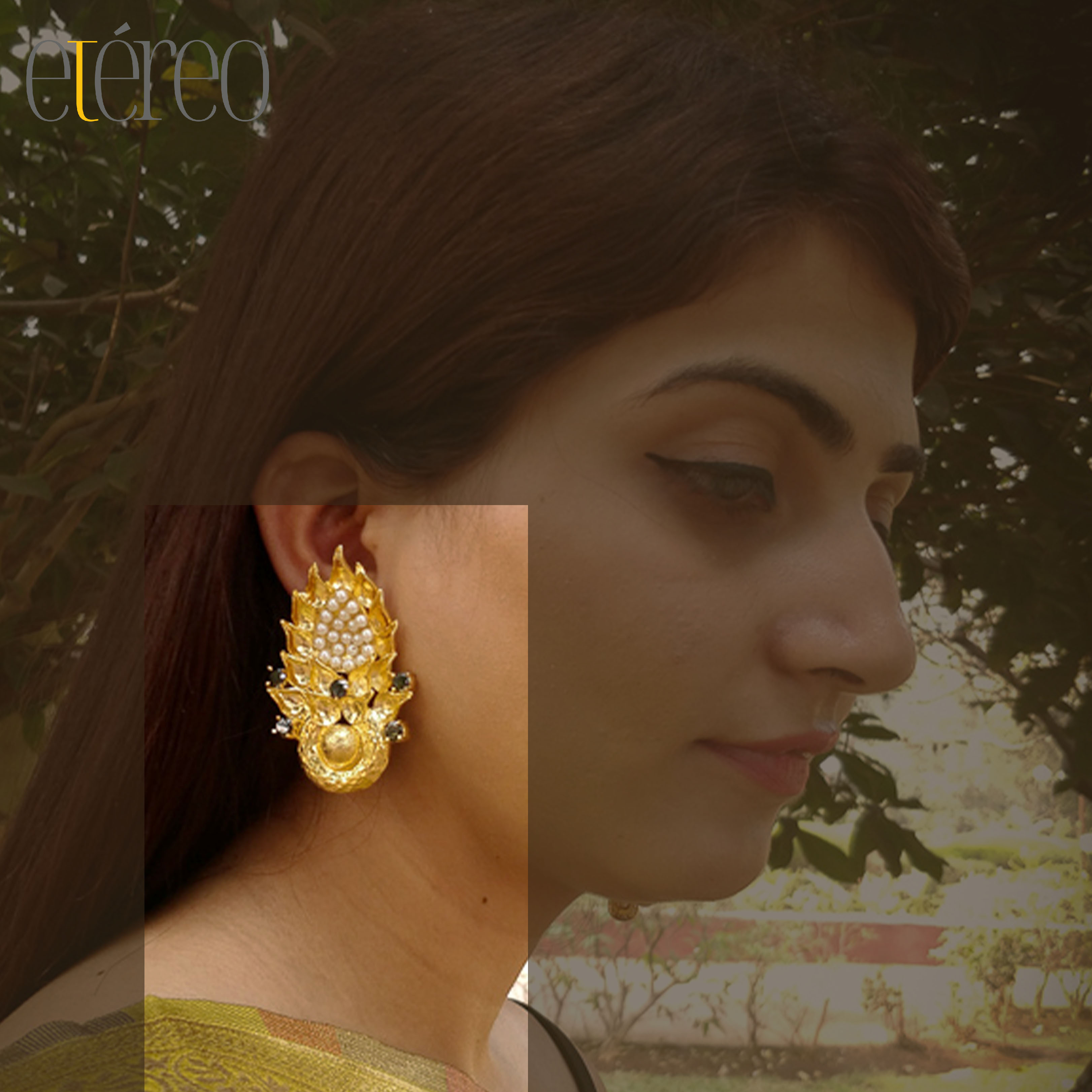 ER2004-Golden leaf with pearls