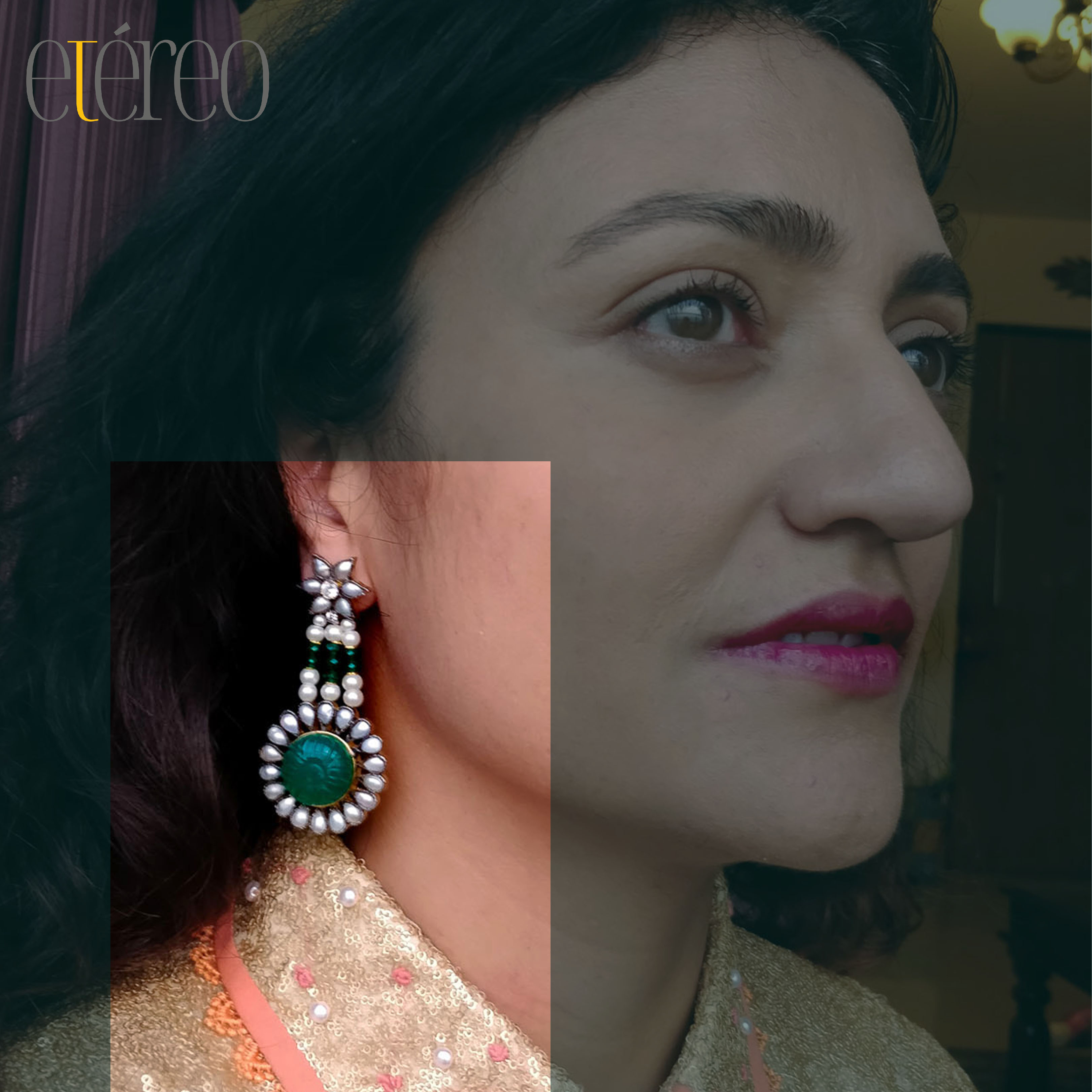 ER2011-Flower dangler in white n green pearls