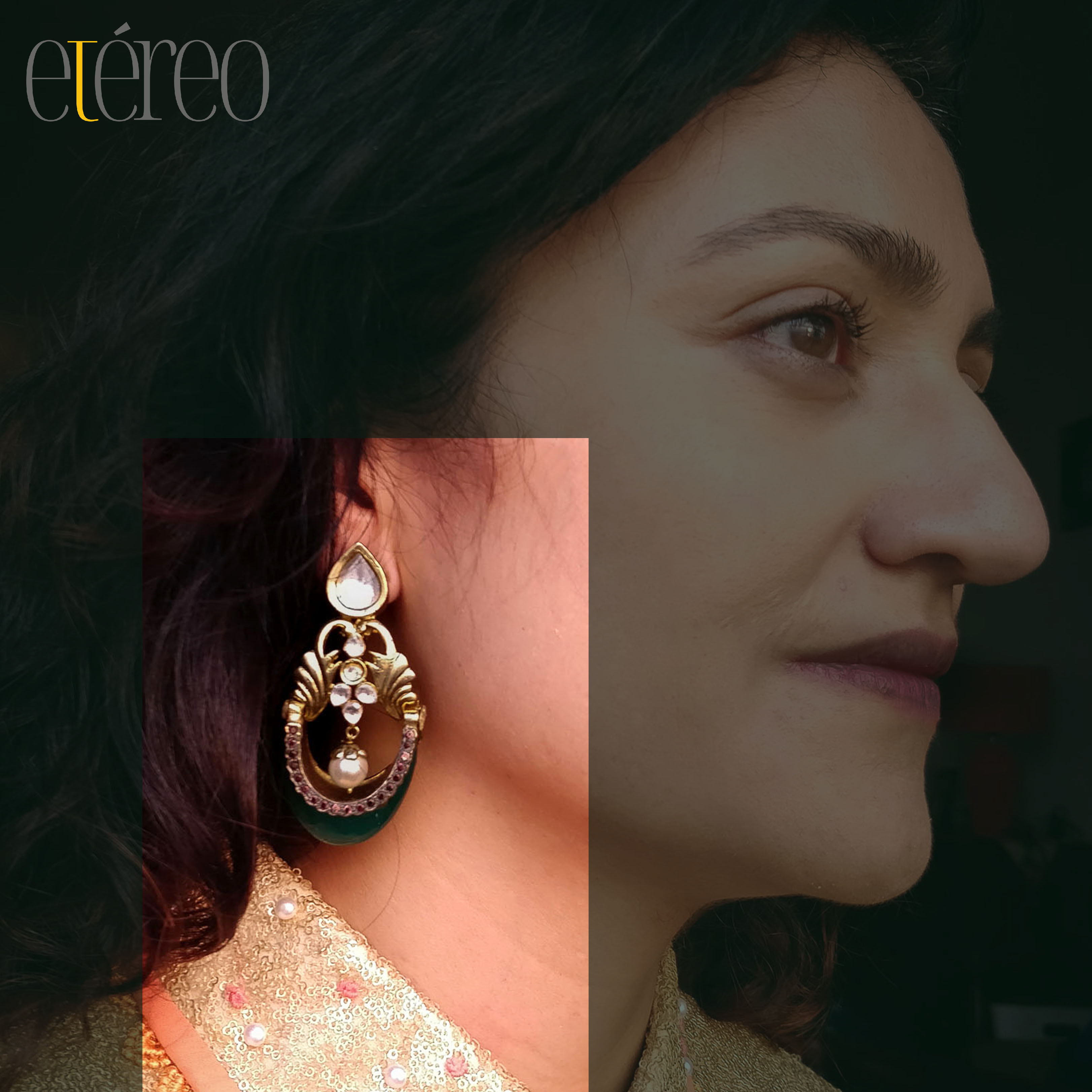 ER2013-Green curved stone with kundan and pearl drop