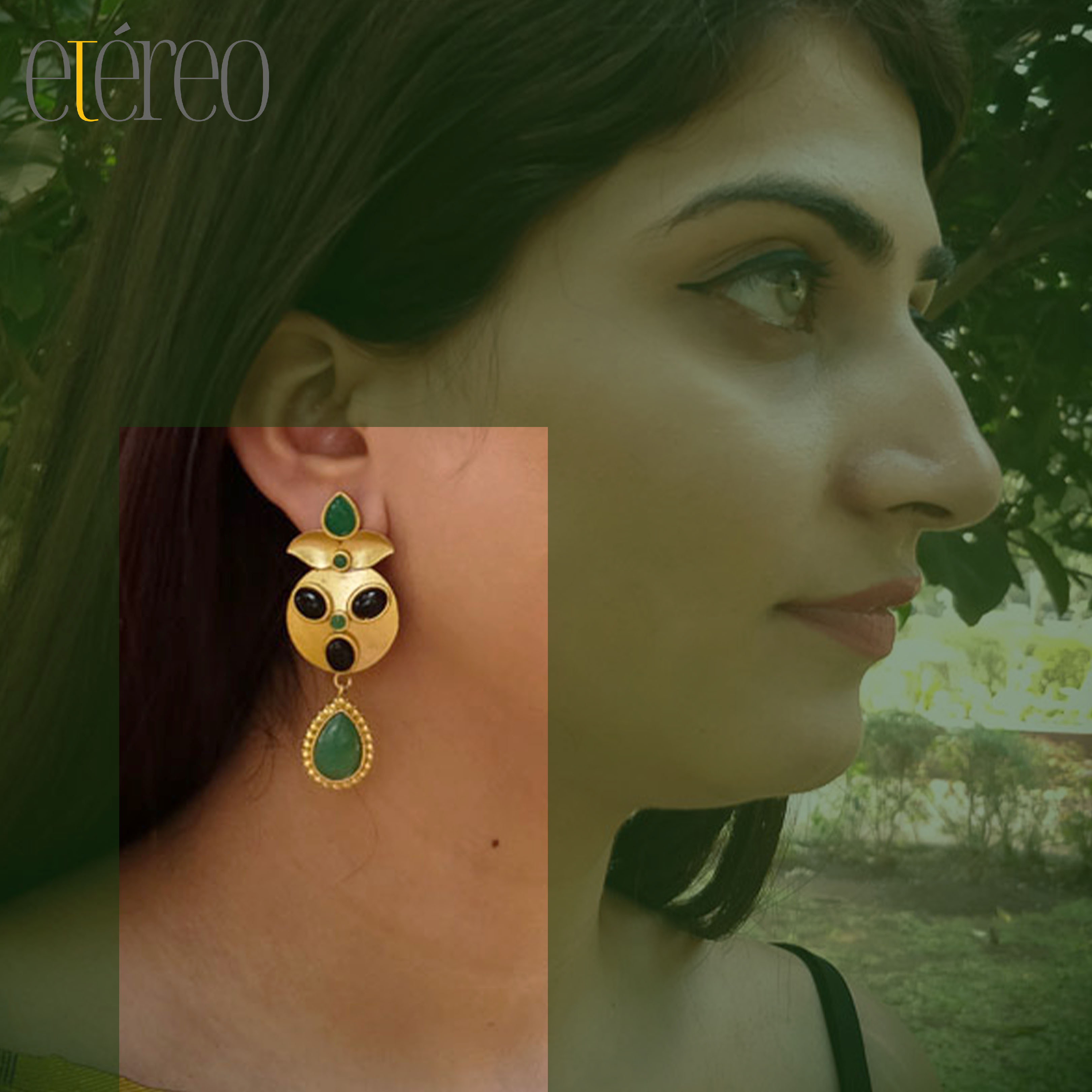 ER2019-Flower of gold in green n black stones ER2019-Flower of gold in green n black stones