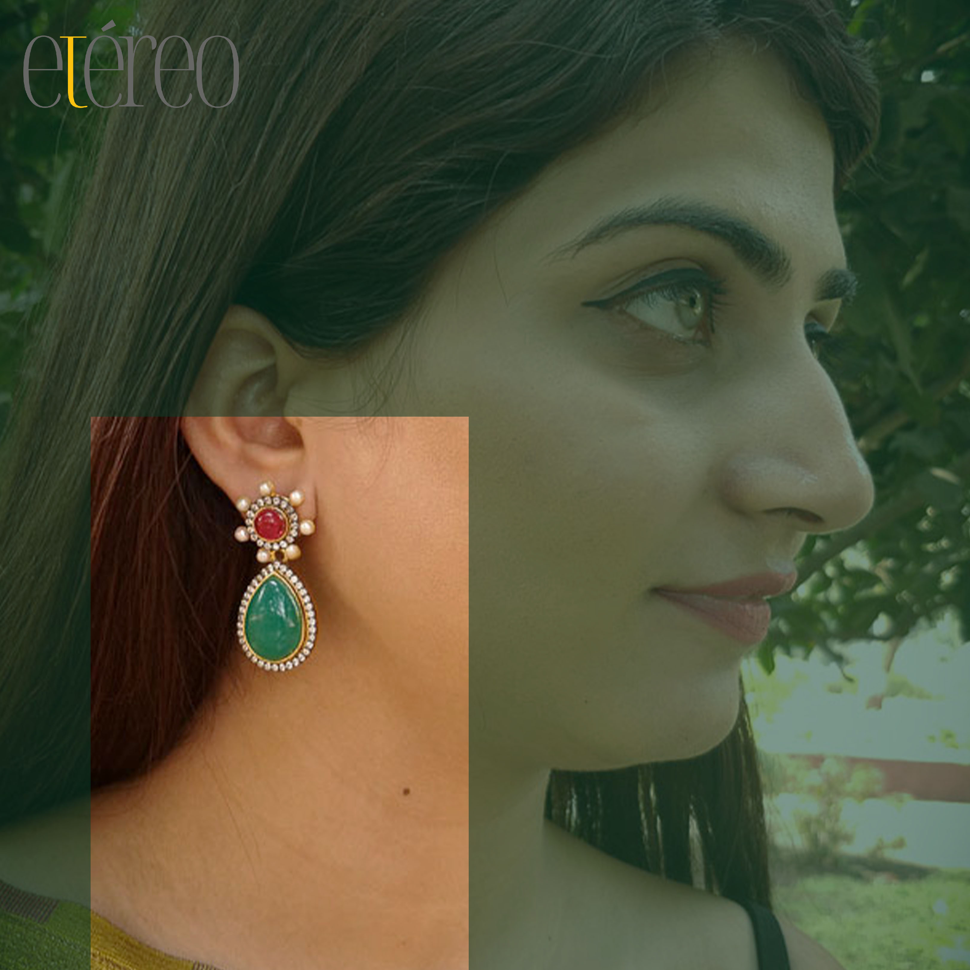ER2022-Red round stone and green drop with zircon boundary