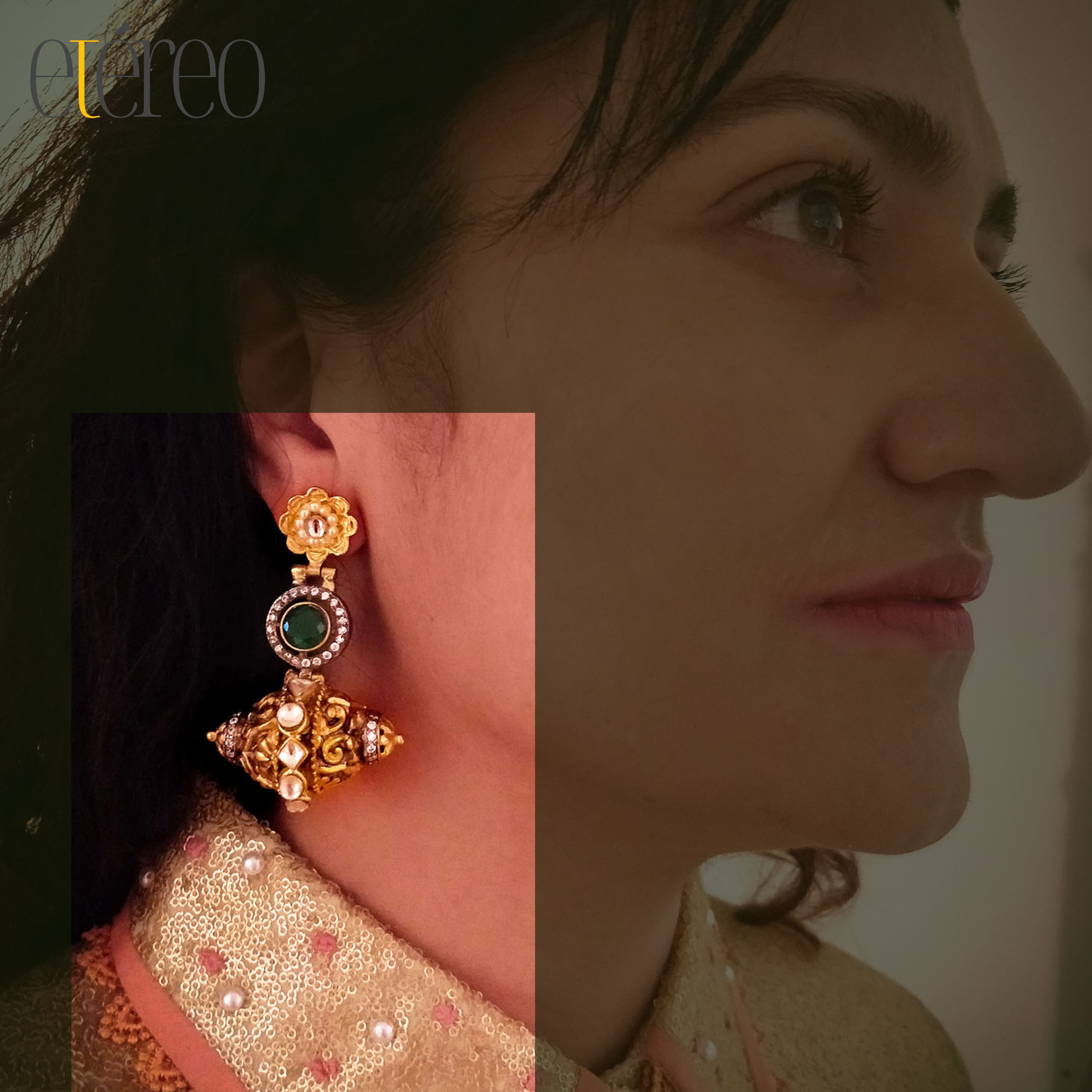 ER2023-Carved damru in gold with green stone n zircons