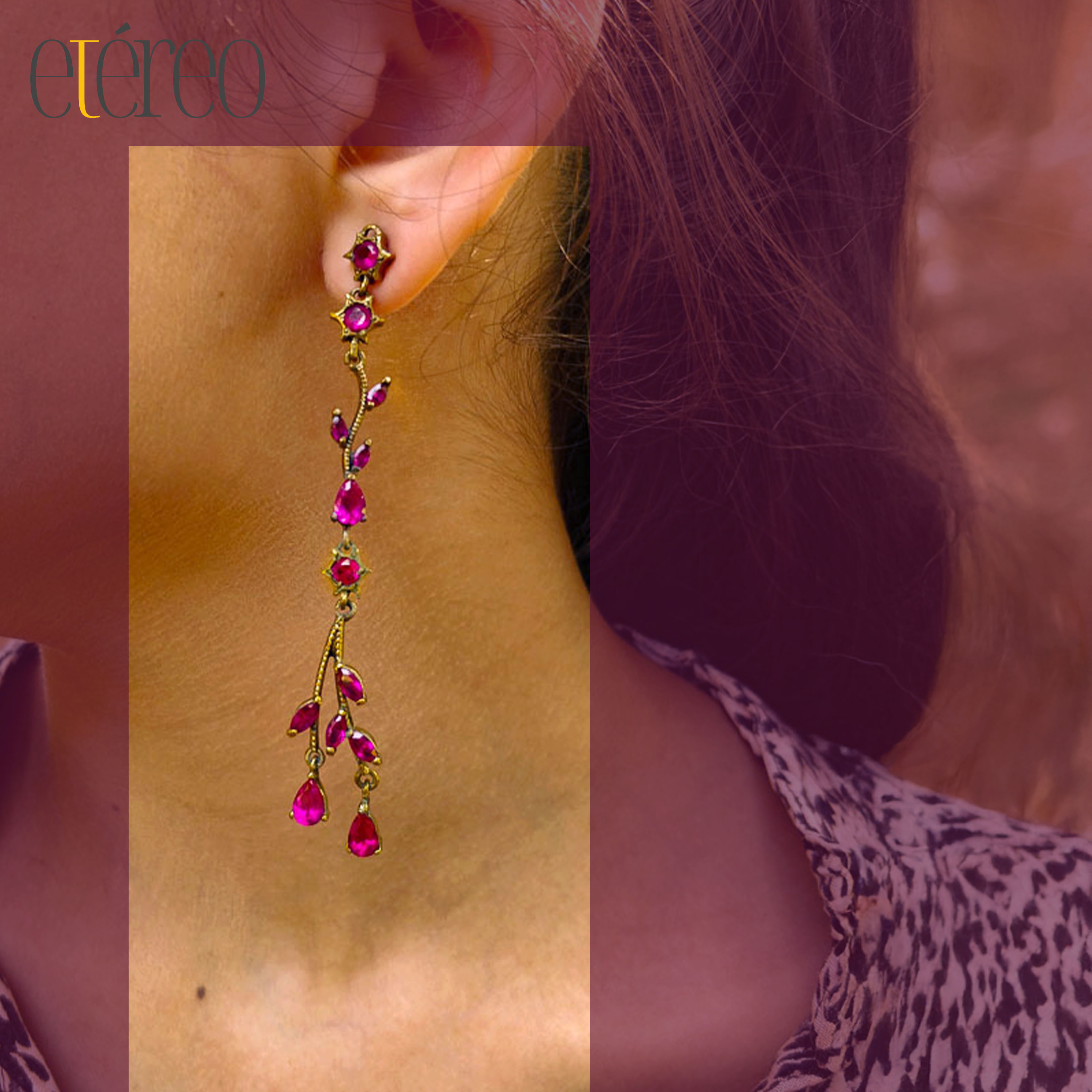 ER30DE106-Dainty leaf dangler in pink gemstones