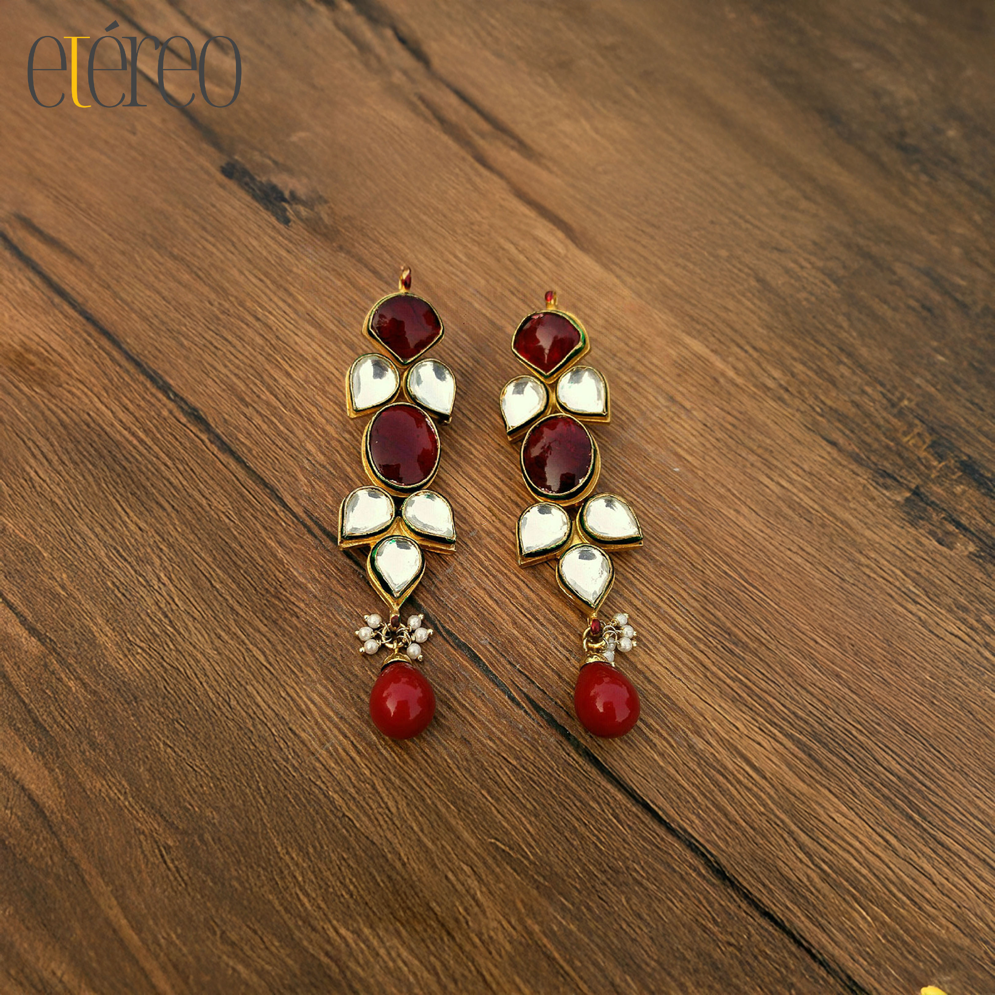 ERGKDN004-Kundan with red stone and red pearl drop