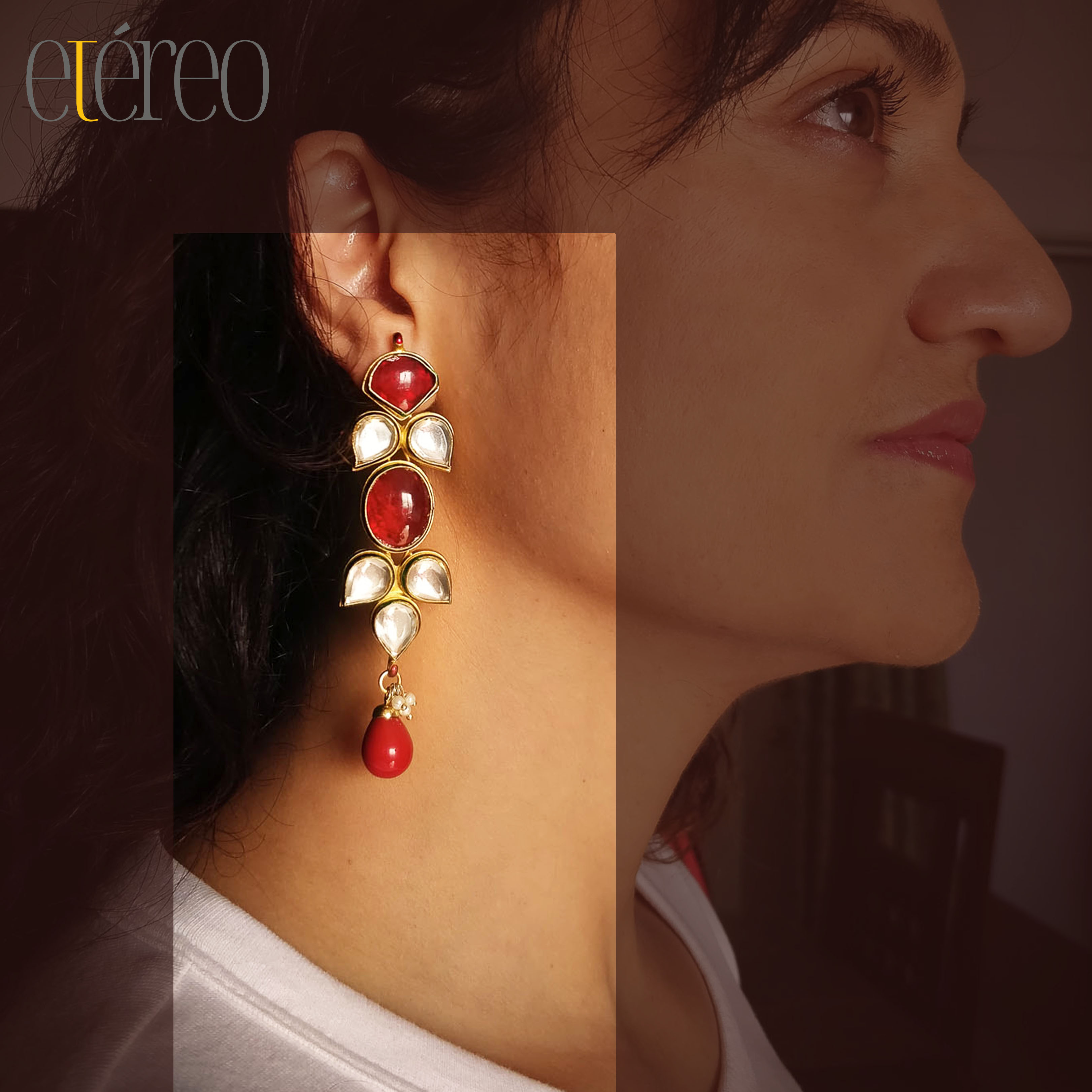 ERGKDN004-Kundan with red stone and red pearl drop