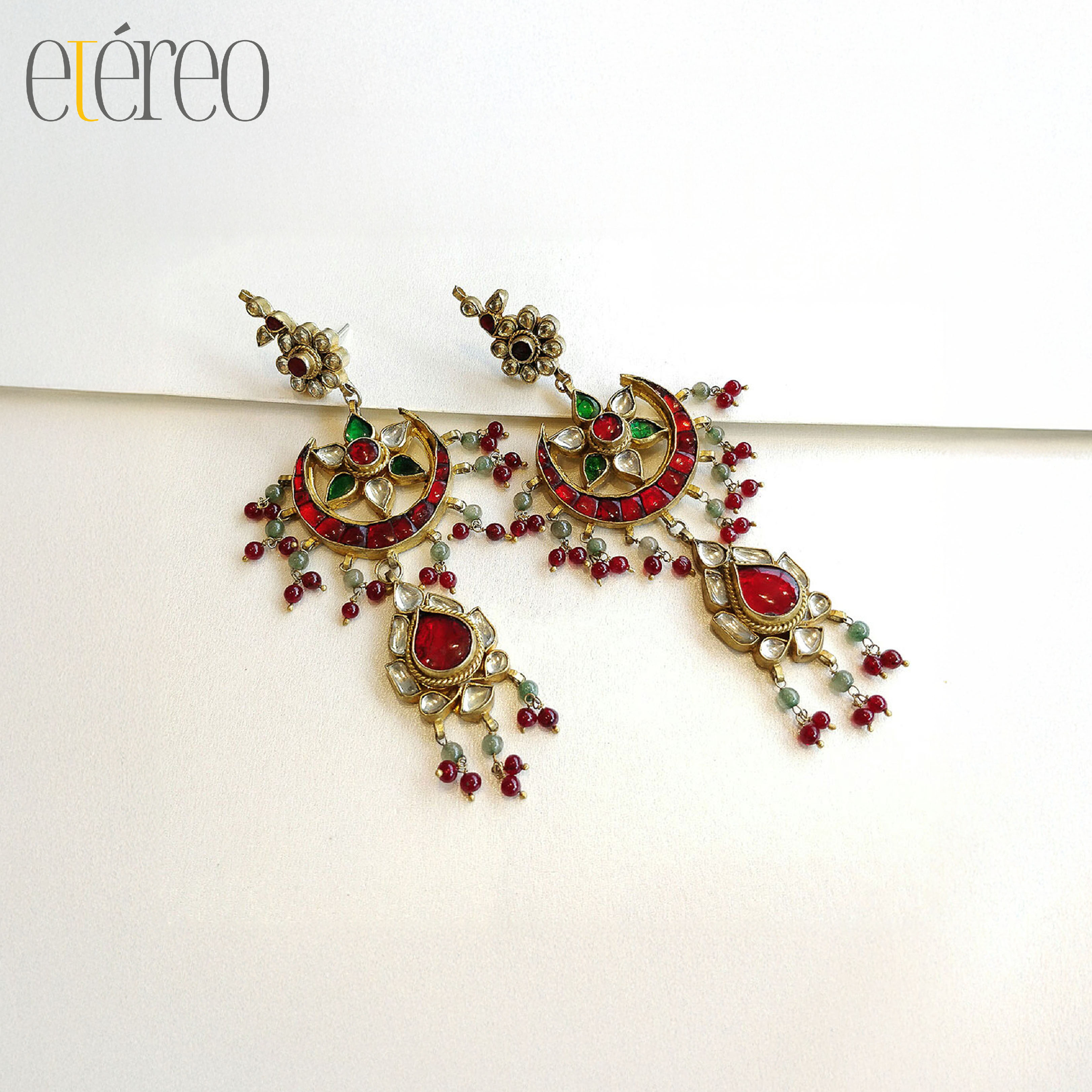 ERGKDN005-Red stone crescent with antique kundan flowers ERGKDN005-Red stone crescent with antique kundan flowers