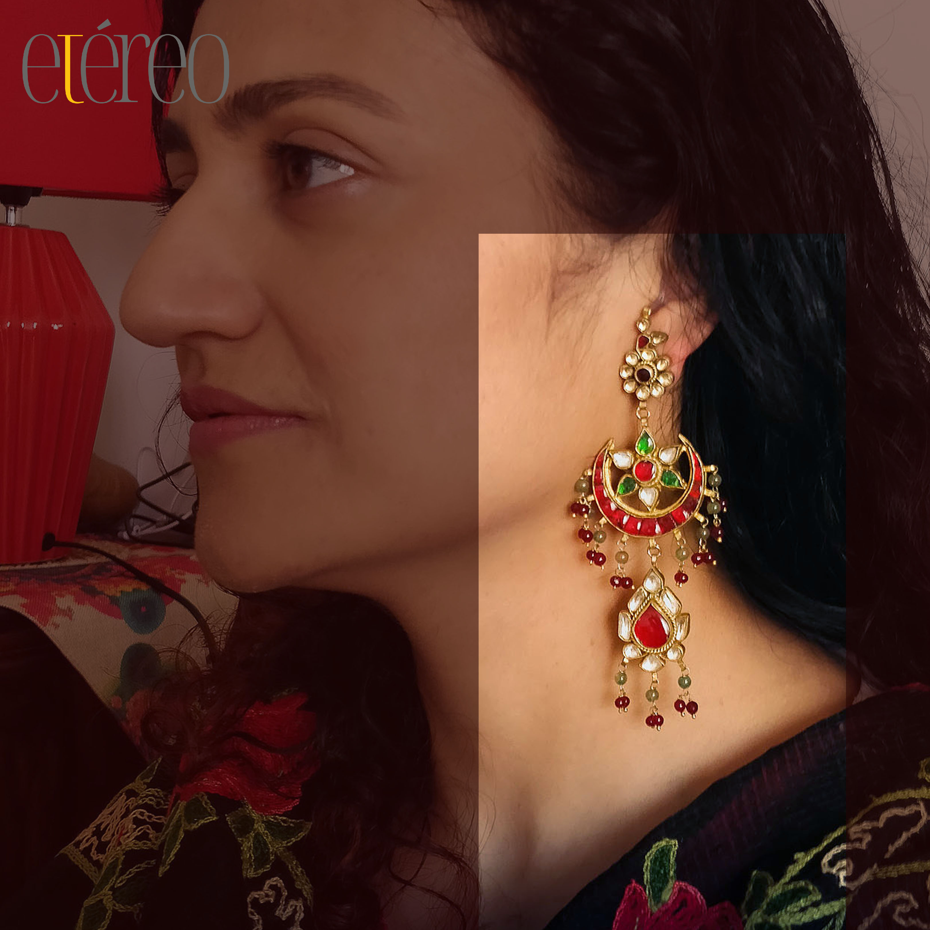 ERGKDN005-Red stone crescent with antique kundan flowers ERGKDN005-Red stone crescent with antique kundan flowers