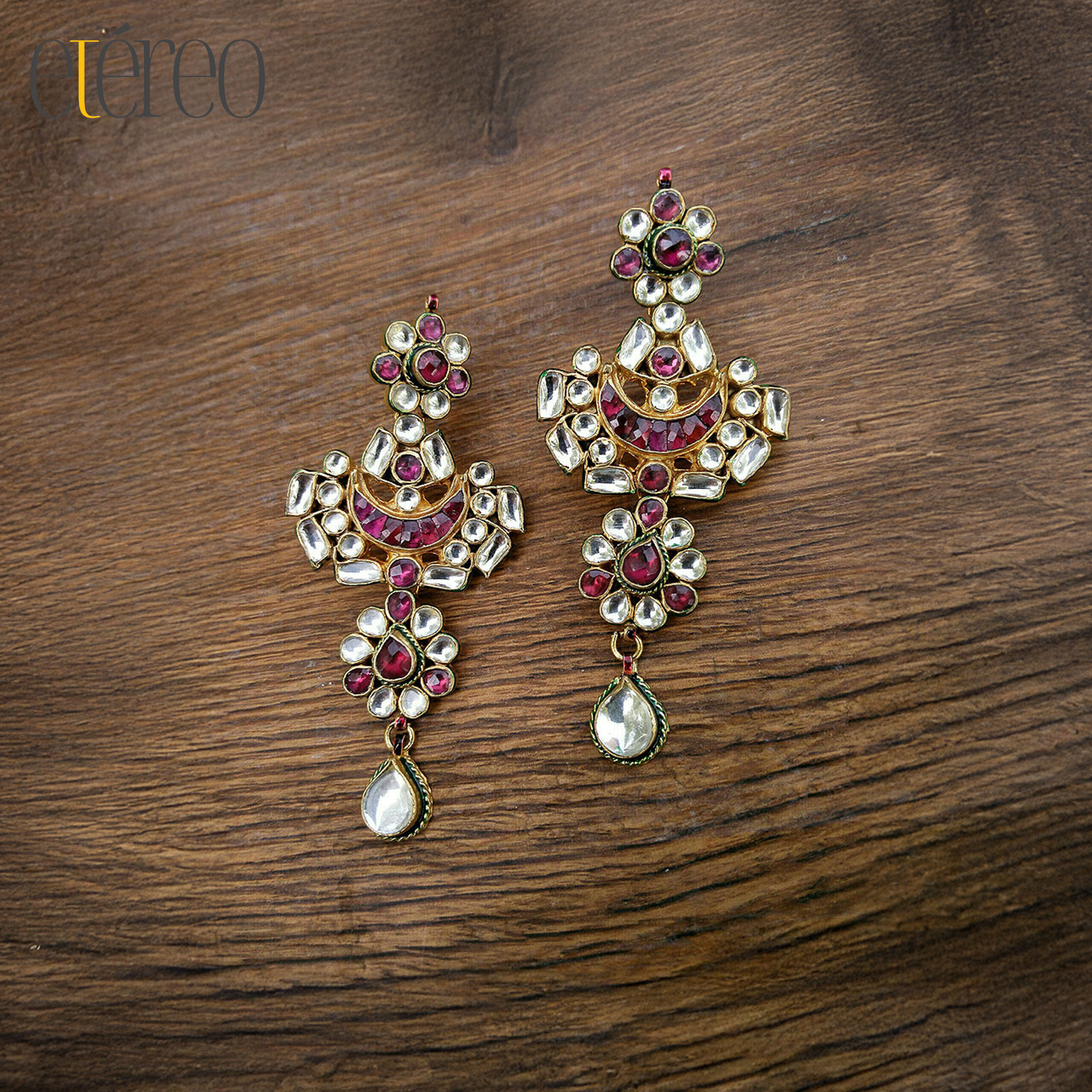 ERGKDN006-Antique kundan and pink gemstone earrings