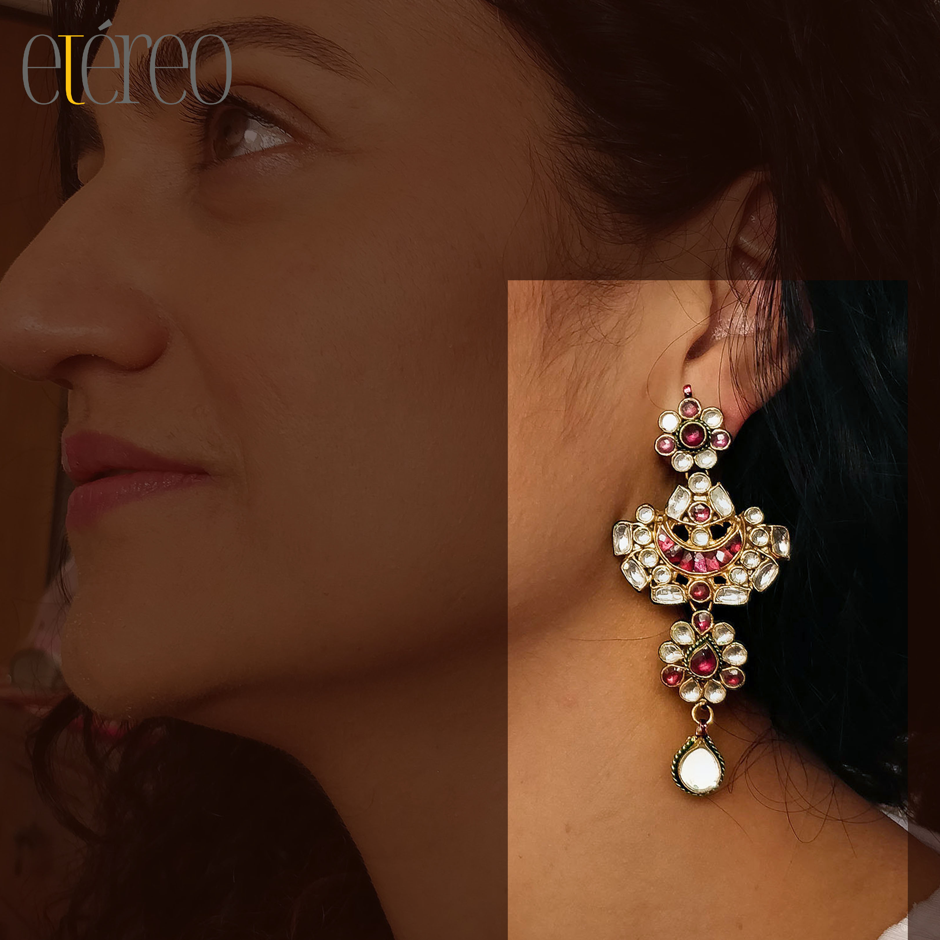 ERGKDN006-Antique kundan and pink gemstone earrings