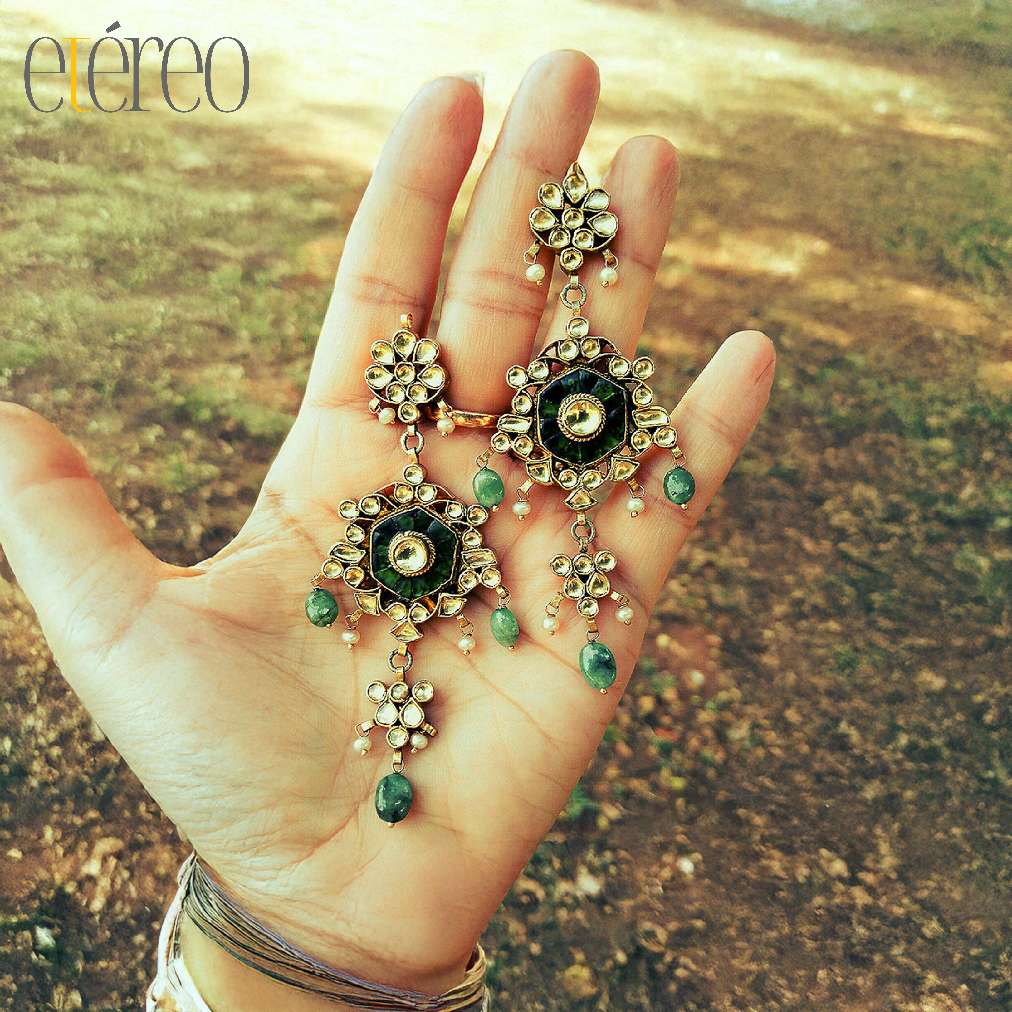 ERGKDN0152-Antique kundan with green gemstones and green pearl drops ERGKDN0152-Antique kundan with green gemstones and green pearl drops