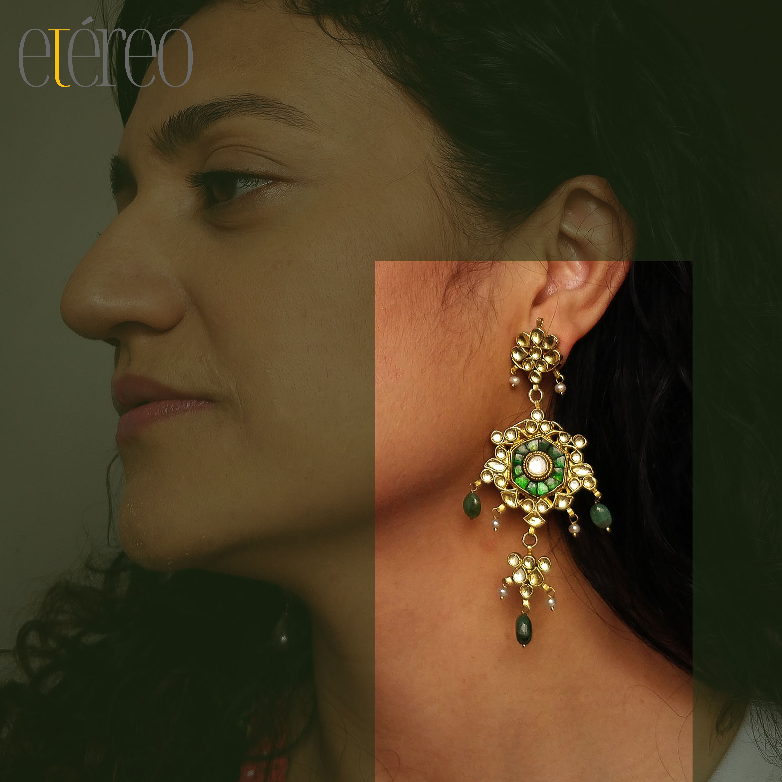 ERGKDN0152-Antique kundan with green gemstones and green pearl drops ERGKDN0152-Antique kundan with green gemstones and green pearl drops