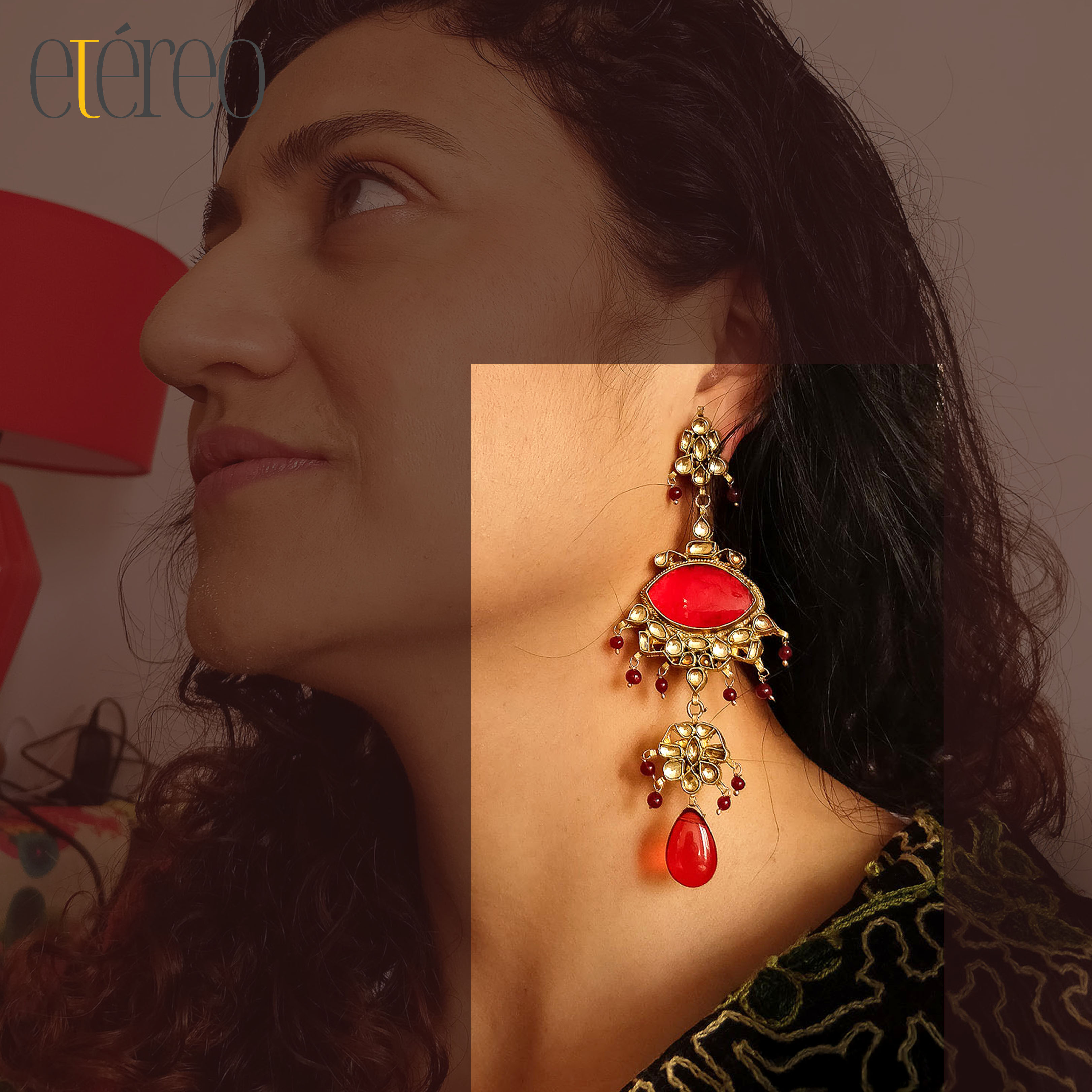 ERGKDN0286-Eye shaped red stone surrounded by antique kundan ERGKDN0286-Eye shaped red stone surrounded by antique kundan
